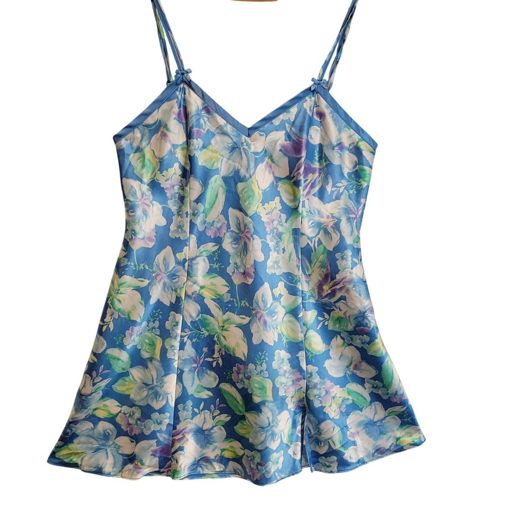 Delicates Floral Satin Mini Slip Dress Size L Coquette Bows Lingerie Romantic